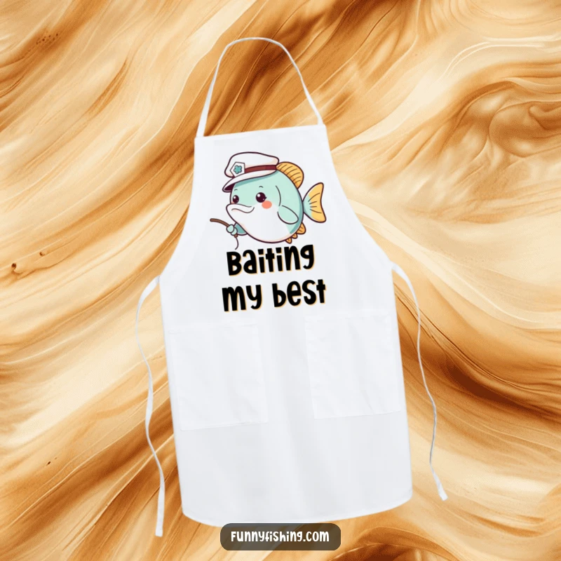 Funny apron featuring a cheerful fish wearing a tiny sailor hat, casting a fishing line, perfect for adding nautical fun and humor to kitchen tasks.