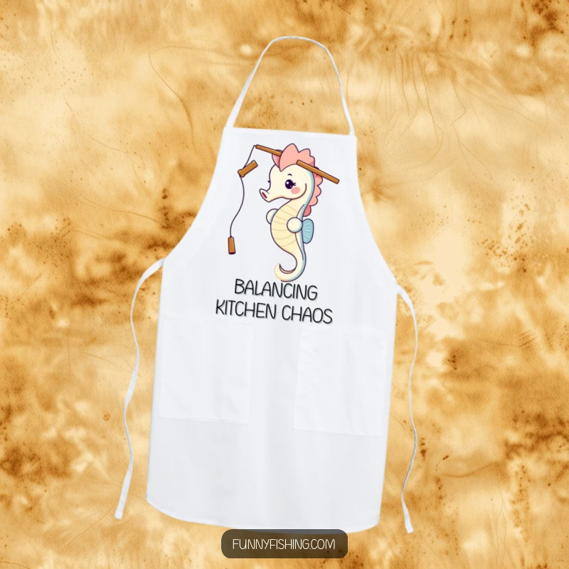 Funny kitchen apron adorned with a seahorse expertly balancing a fishing rod on its head, perfect for a humorous cook.