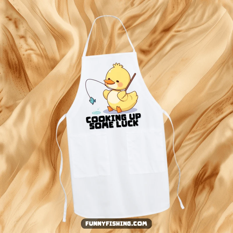 Funny duck apron featuring a happy duck character reeling in a small, glittering fish, designed for kitchen fun and humorous cooking.