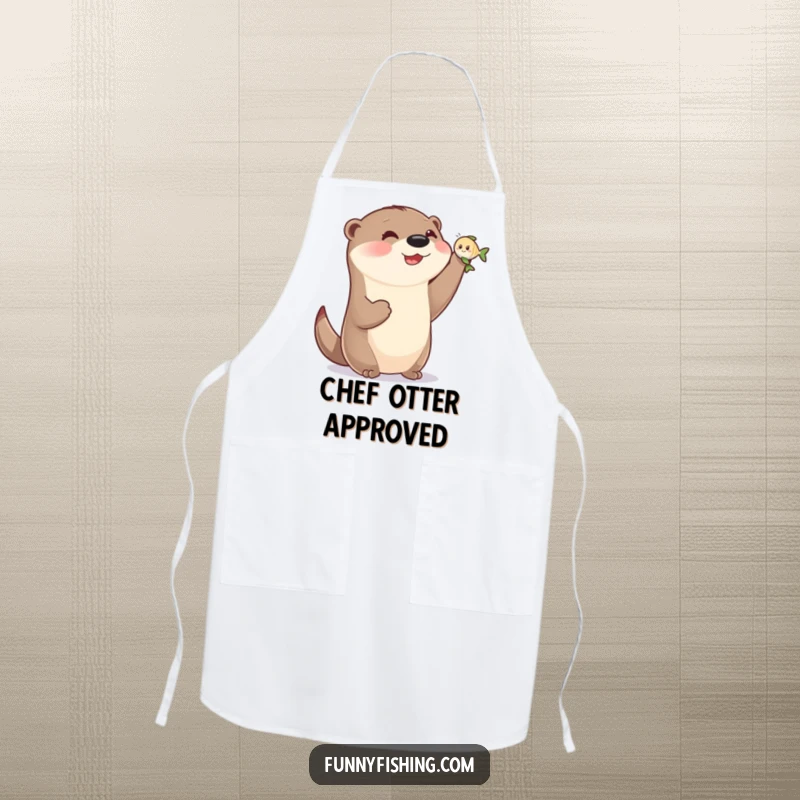 Funny otter apron showing a happy otter with small paws holding a tiny, smiling fish, ready to add humor to any cooking task.