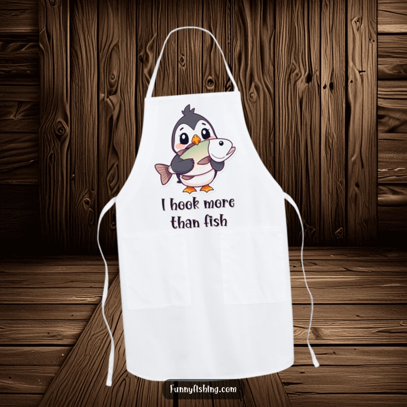 Funny puffin apron featuring a puffin character's comical surprise holding a large fish, designed for kitchen fun and humorous cooking sessions.