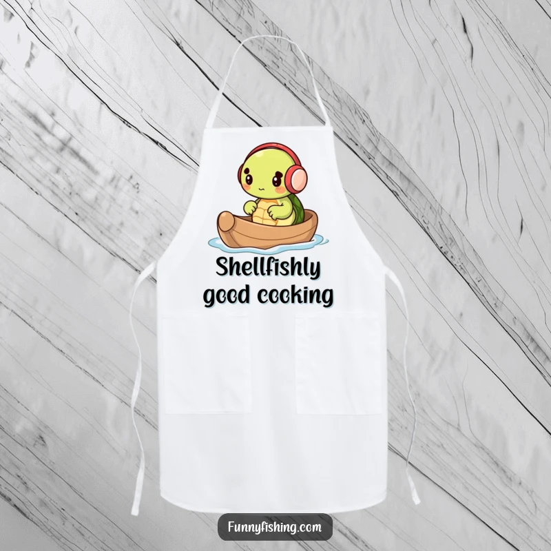 Funny kitchen apron featuring a tiny turtle wearing earmuffs and rowing a nutshell boat, ideal for humorous culinary endeavors.