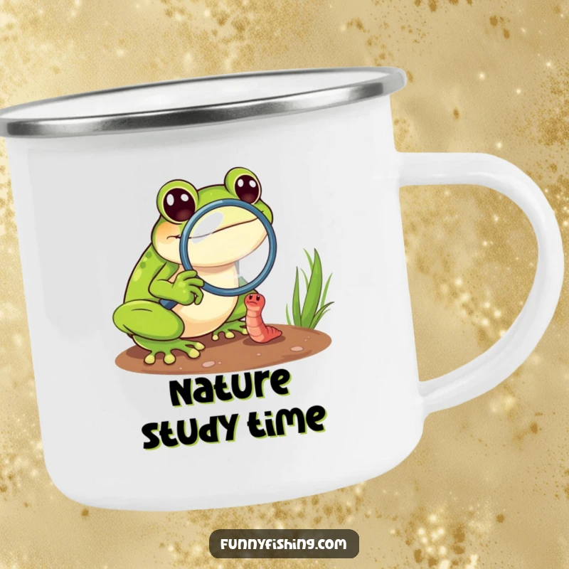 Funny frog camping mug showing a cheerful frog with a magnifying glass intensely focused on a tiny, struggling worm, ready for adventure.