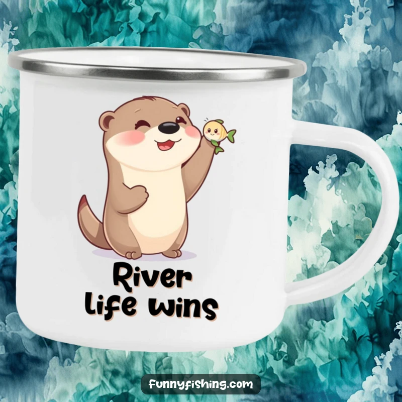 Funny otter camping mug showing a triumphant otter with small paws holding a tiny, smiling fish, ideal for outdoor adventures.