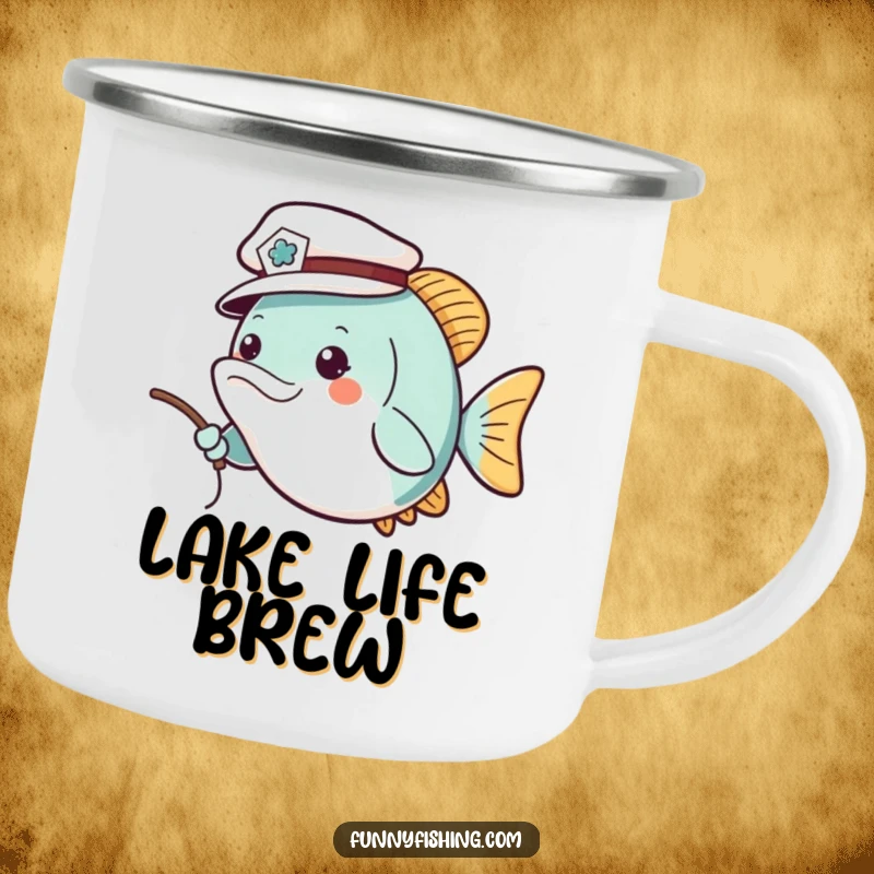 Funny camping mug featuring a cheerful fish wearing a tiny sailor hat, casting a fishing line, perfect for enjoying beverages outdoors with a smile.