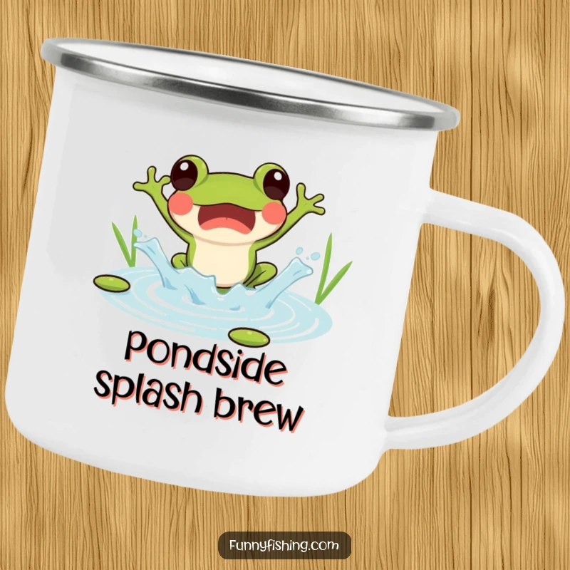 Funny camping mug with a surprised frog jumping into a pond, creating a joyful splash, for outdoor use.