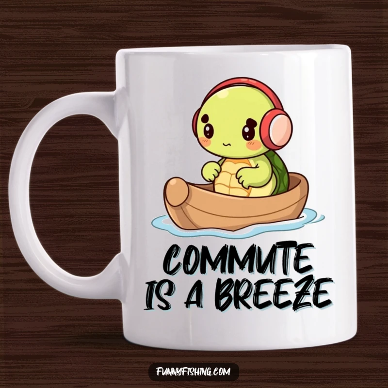 Funny illustration of a tiny turtle in earmuffs happily rowing a nutshell boat, printed on a mug, evoking a sense of cozy adventure.