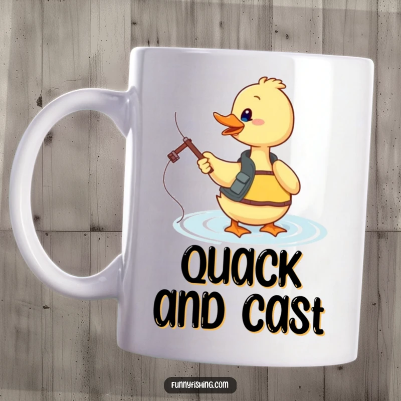 Funny duck fishing mug showing a happy duck in a vest casting its line into sparkling water, full of eagerness.