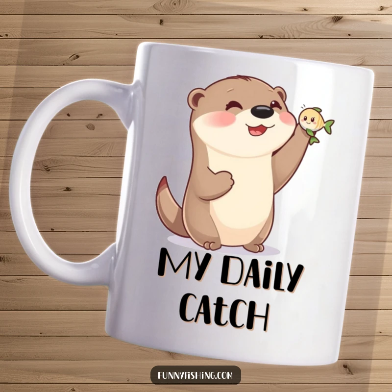 Funny otter mug with small paws holding up a tiny smiling fish, depicting a moment of pure, comical success.