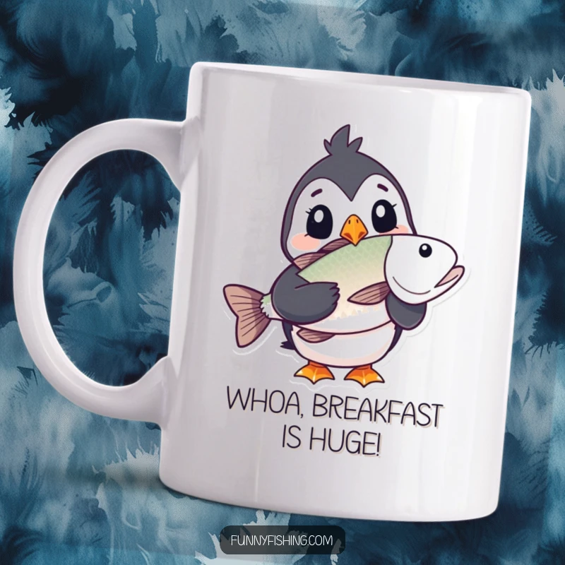 Funny puffin mug featuring a wide-eyed puffin character clutching an impressively large fish, expressing comical shock and triumph.