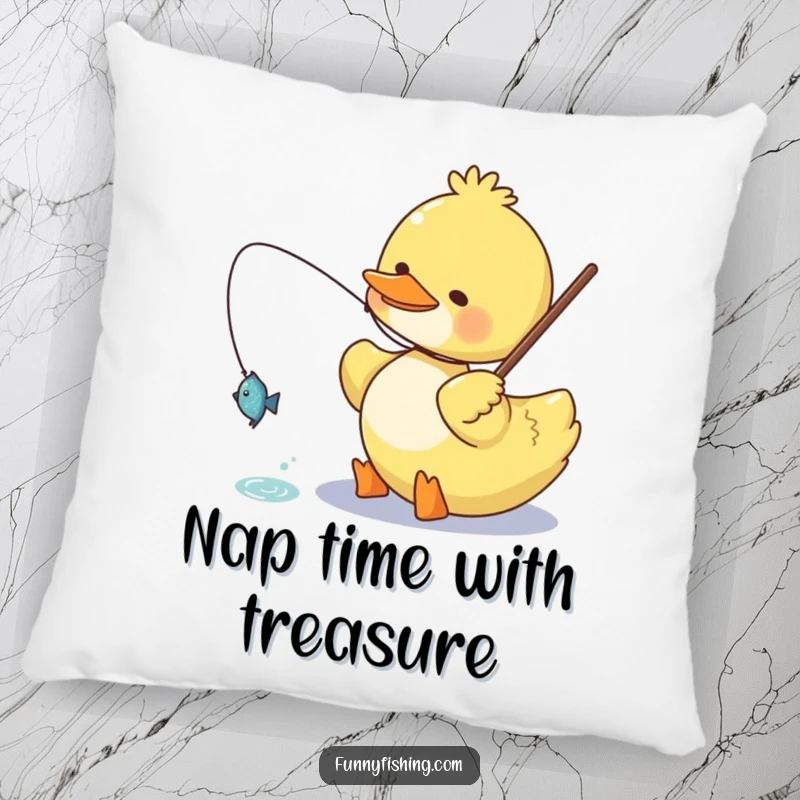 Funny duck pillow depicting a happy duck character reeling in a small, glittering fish, offering comfort and a cheerful humorous accent.