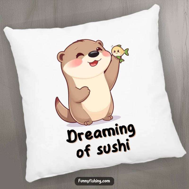Funny otter pillow featuring a happy otter with small paws triumphantly holding a tiny, smiling fish, perfect for a cozy, humorous space.