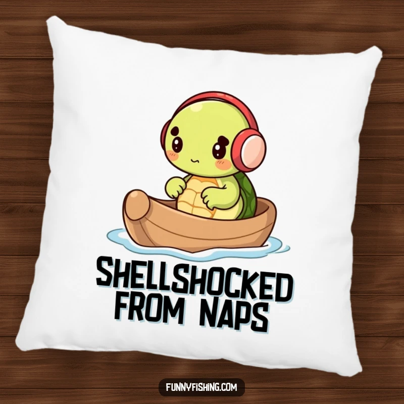 Soft, decorative pillow with a funny illustration of a tiny turtle in earmuffs rowing a nutshell boat, for humorous and cozy seating.