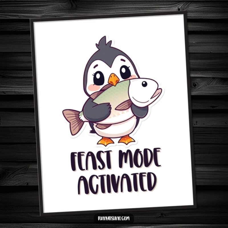 Funny puffin digital art print showing a puffin character looking utterly surprised holding a large fish, ideal for humorous home decor.