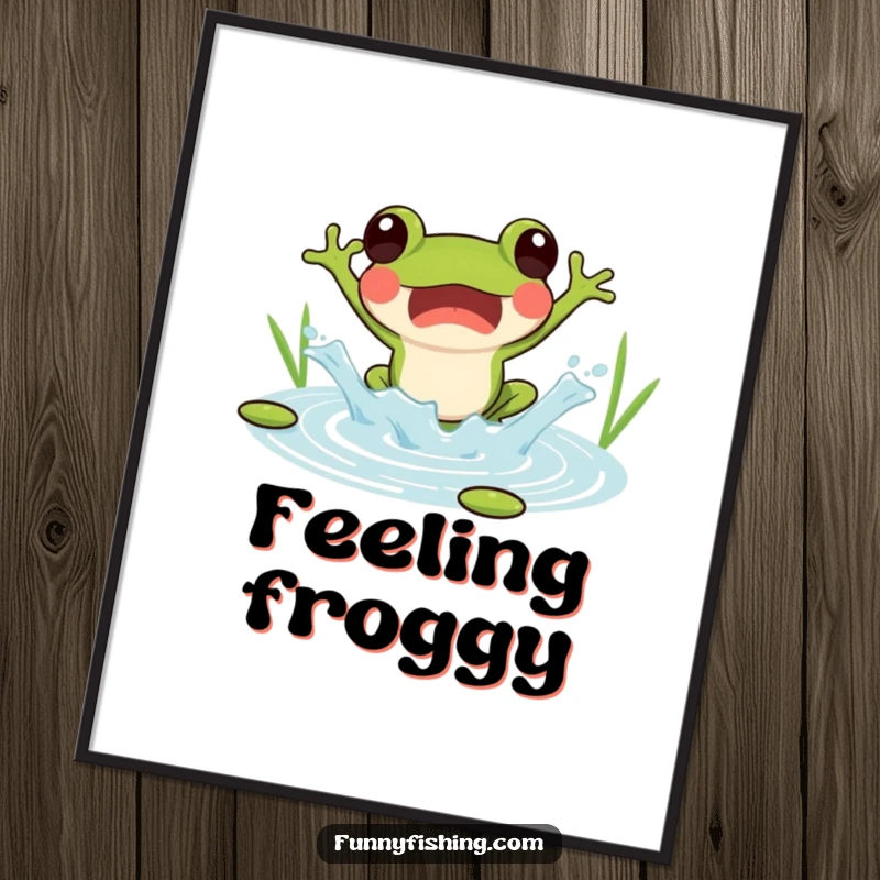 Funny digital art print of a surprised frog creating a joyful splash, jumping into a pond, for decor.