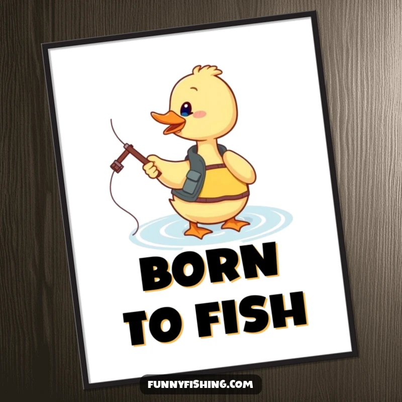 Funny duck fishing digital art print showing a duck in a fishing vest casting its line into sparkling water, ready to print.