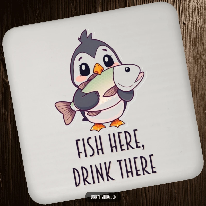 Funny puffin drink coaster depicting a puffin character's surprised face and large fish catch, protecting surfaces with a humorous design.