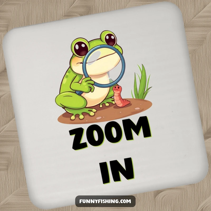 Funny frog coasters depicting a cheerful frog with a magnifying glass zooming in on a tiny, struggling worm, adding humorous detail.