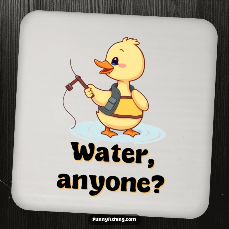 Funny duck fishing coasters depicting an enthusiastic duck casting its line into sparkling water, adding humor to tabletops.