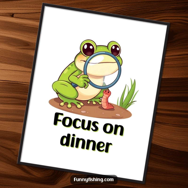 Funny frog poster print of a cheerful frog with a magnifying glass zooming in on a tiny, struggling worm, adding quirky charm.