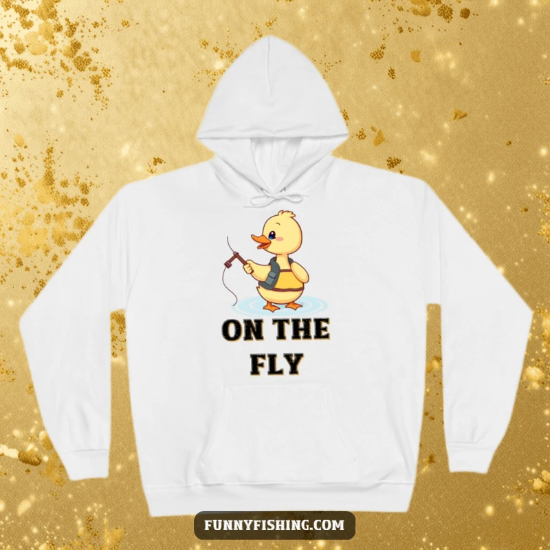 Funny duck fishing hoodie featuring an enthusiastic duck wearing a fishing vest and casting its line into sparkling water, embracing the hobby.