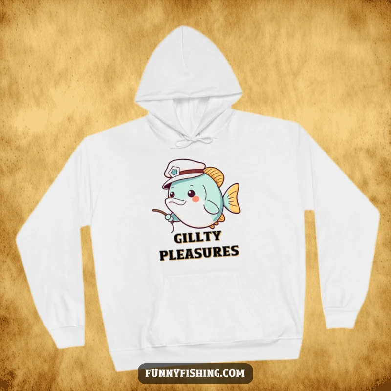 Funny hoodie featuring a cheerful fish wearing a tiny sailor hat, casting a fishing line, offering warmth and a dose of nautical, humorous charm.