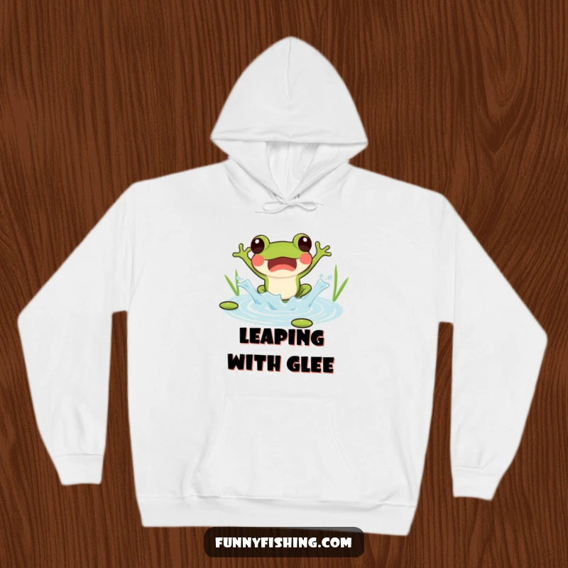 Funny hoodie showcasing a surprised frog jumping into a pond, creating a joyful splash, perfect for warmth.