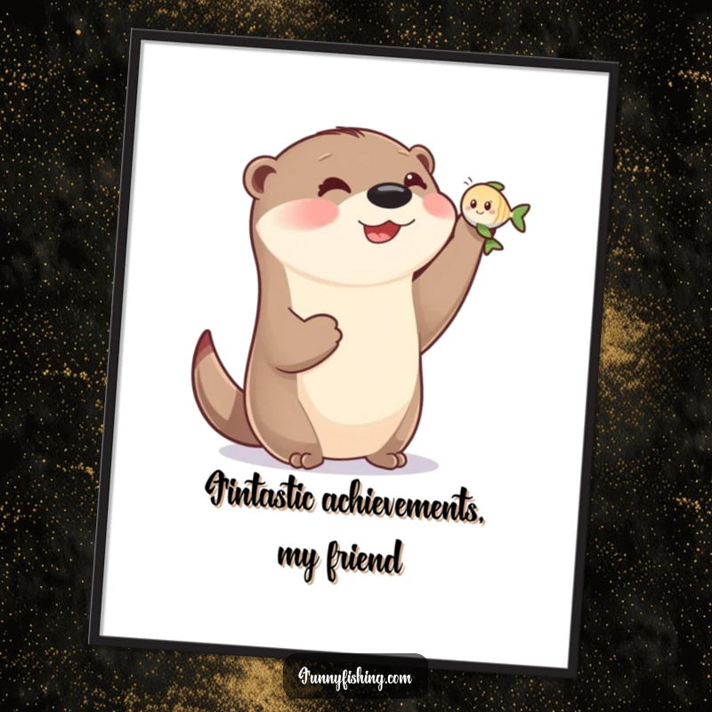 Funny Free Printable Wall Art: Happy otter with small paws triumphantly holds tiny smiling fish, bringing joy and humor to any room.