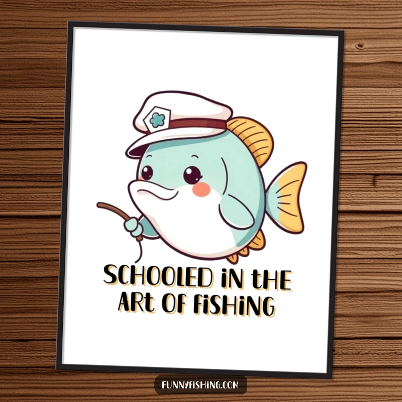 Funny Free Printable Wall Art: Cheerful fish in a tiny sailor hat casts a fishing line, nautical decor.