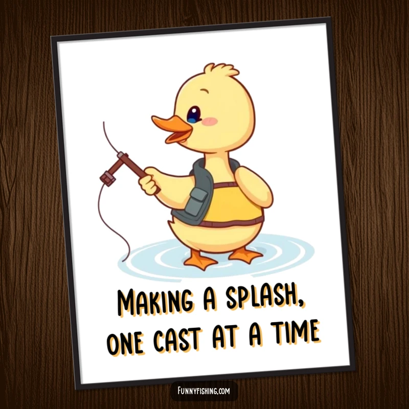 Funny Free Printable Wall Art: Playful duck in fishing vest enthusiastically casts its line into sparkling water, adding humor to decor.