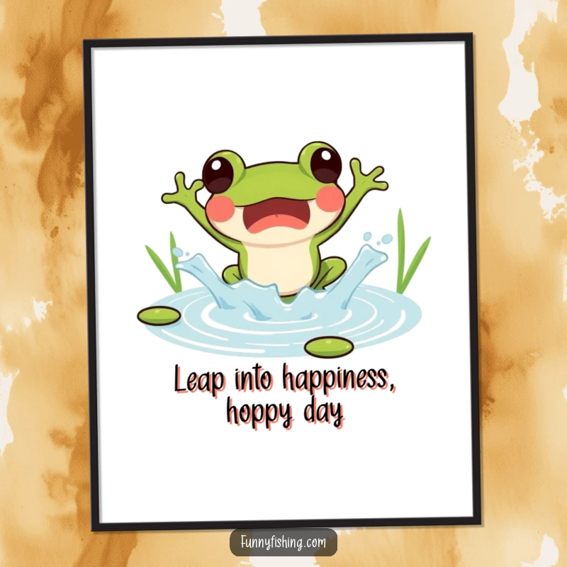 Funny Free Printable Wall Art: A surprised frog joyfully jumping into a pond, creating a big splash.