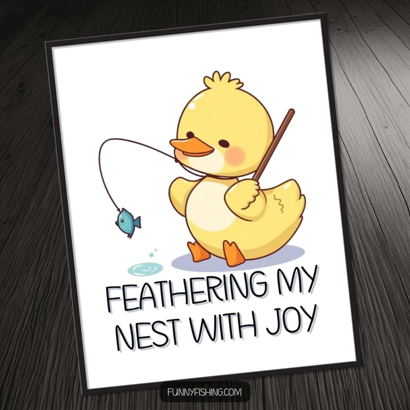 Funny Free Printable Wall Art of a happy duck character joyfully reeling in a small, glittering fish.