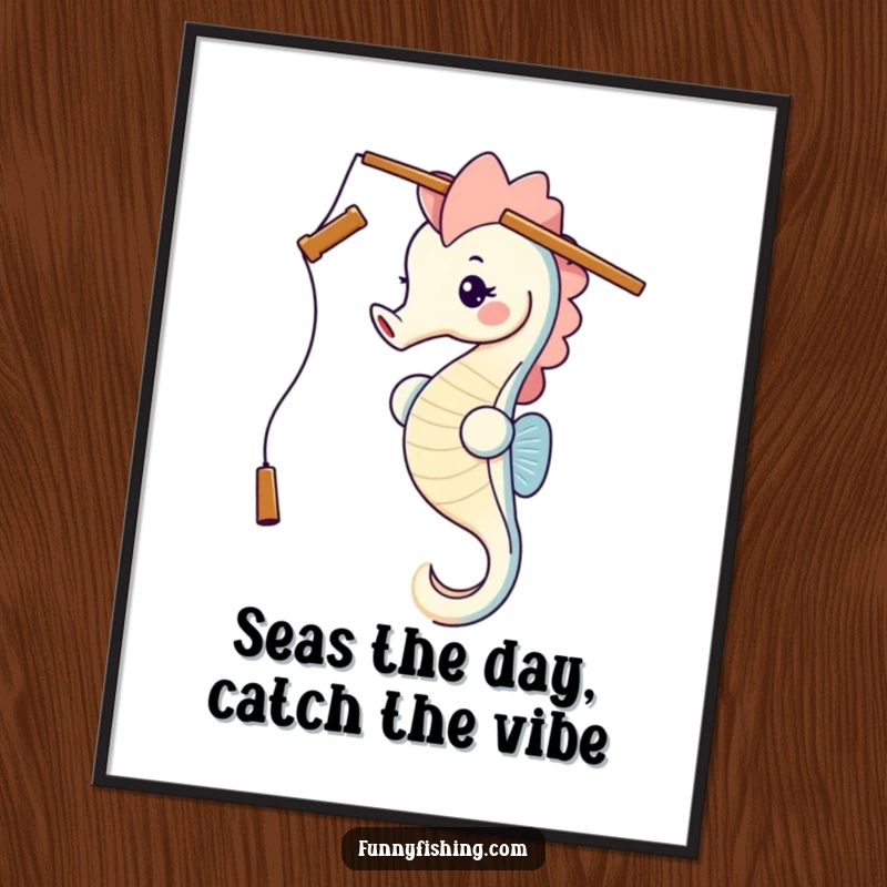 Funny Free Printable Wall Art of a seahorse humorously balancing a fishing rod on its head, ready to hang.