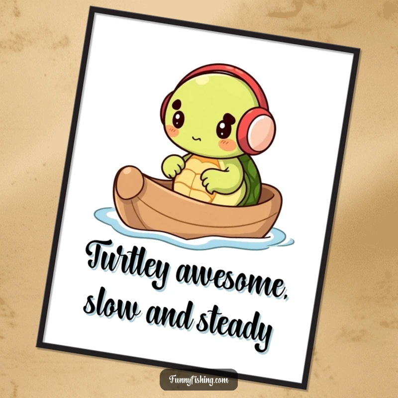 Funny Free Printable Wall Art capturing a tiny turtle in earmuffs joyfully rowing a nutshell boat on peaceful waters.