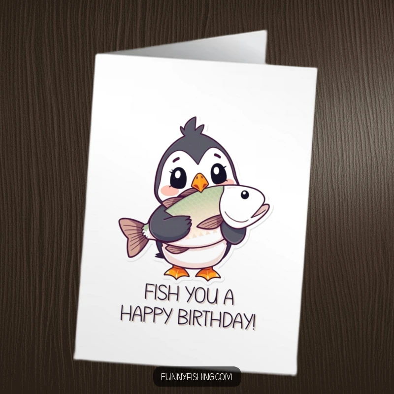 Funny Free Printable Puffin Birthday Card showing a puffin with wide eyes holding a huge fish.