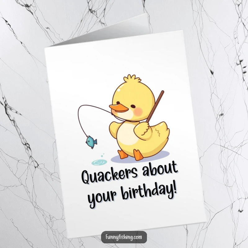 Funny Free Printable Birthday Card featuring a happy duck reeling in a small, sparkly fish.