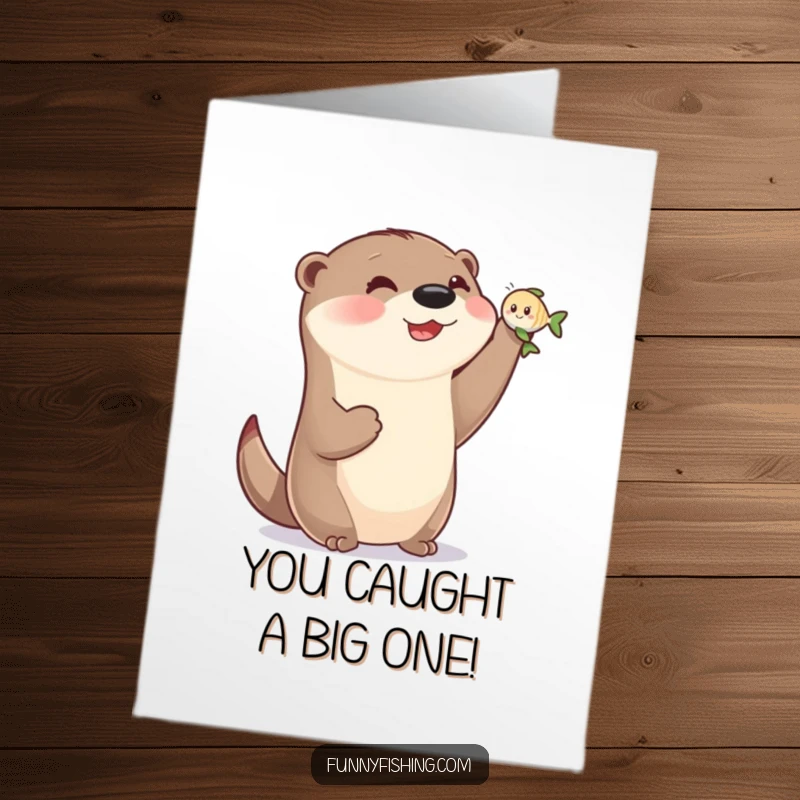 Funny Free Printable Congratulations Card: Happy otter with small paws triumphantly holds tiny smiling fish, celebrating a big win.
