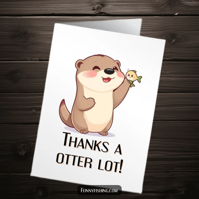 Funny Free Printable Thank You Card: Happy otter with small paws triumphantly holds tiny smiling fish, expressing gratitude with a laugh.