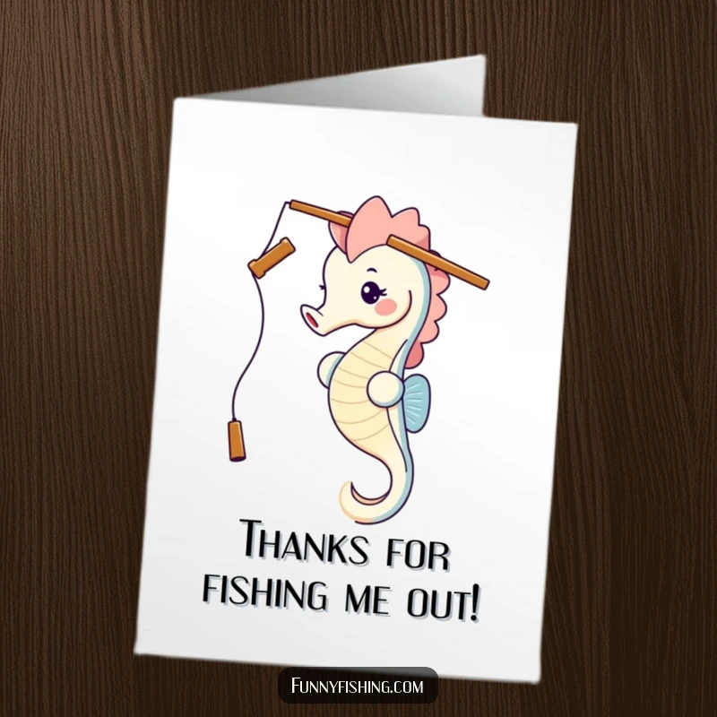 Funny Free Printable Thank You Card featuring a smiling seahorse holding a fishing rod, expressing thanks.
