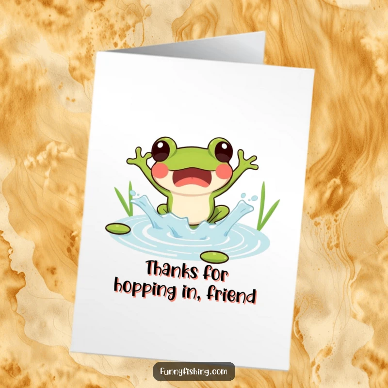 Funny Free Printable Thank You Card: Surprised frog joyfully splashing into a pond.