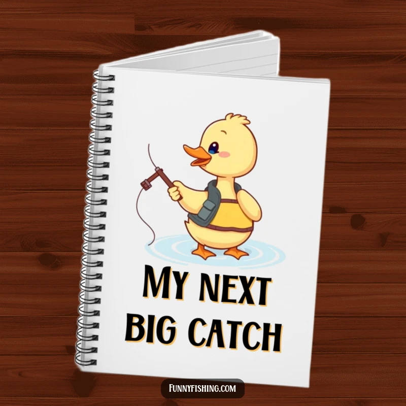 Funny duck angler's logbook featuring an enthusiastic duck casting its line, perfect for noting down fishing trips and ideas.