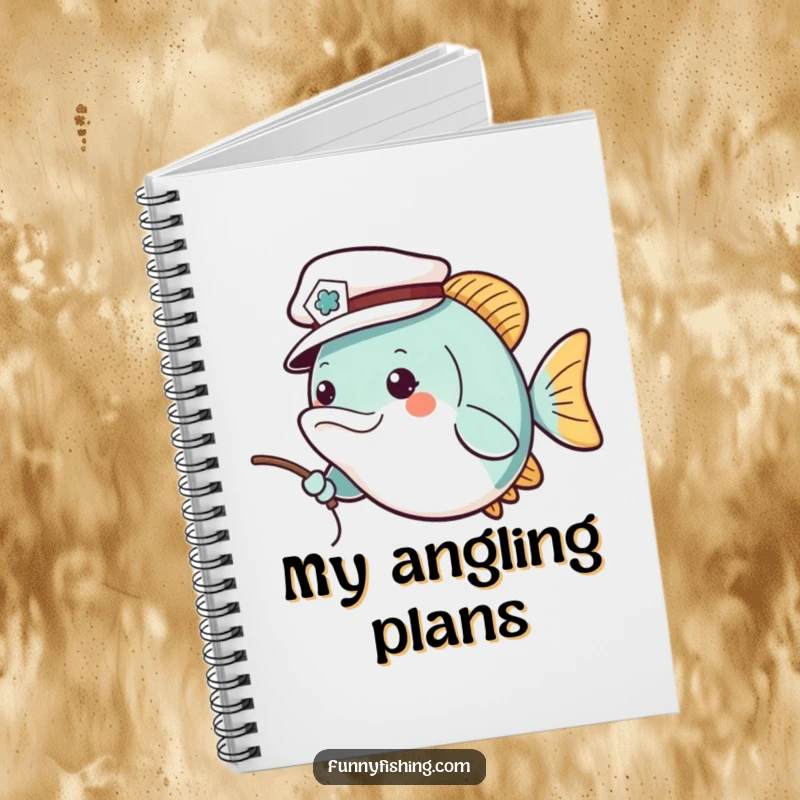 Funny notebook with a cheerful fish wearing a tiny sailor hat, casting a fishing line, ideal for capturing ideas with nautical, humorous flair.