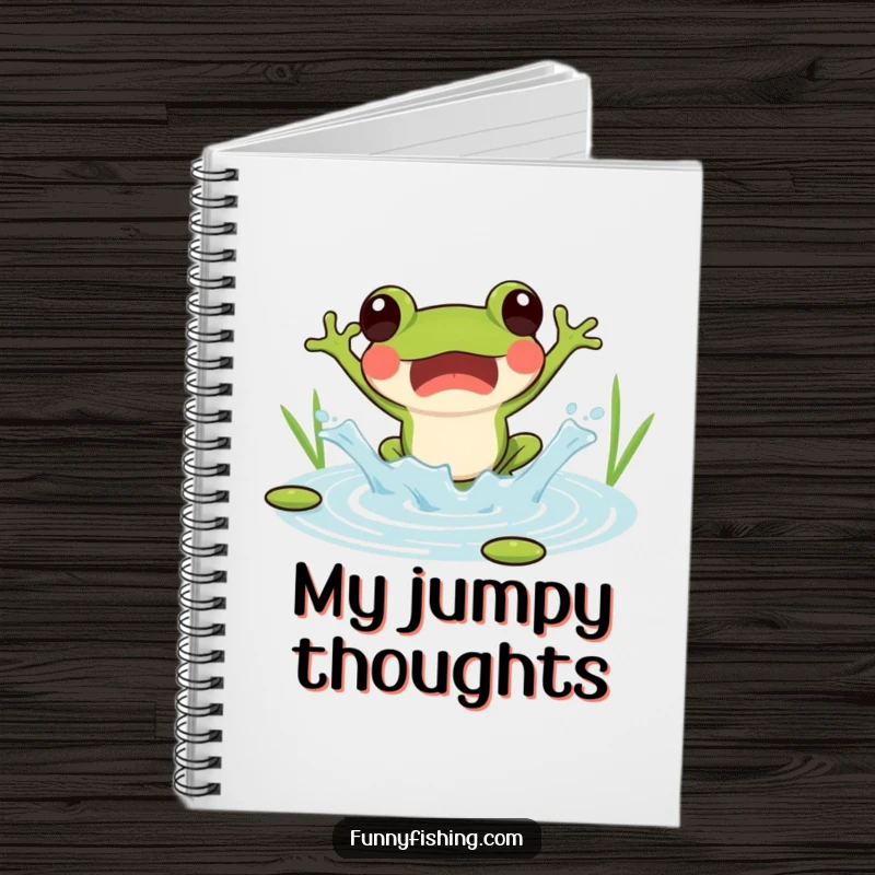 Funny notebook with a surprised frog jumping into a pond, creating a joyful splash, for writing.