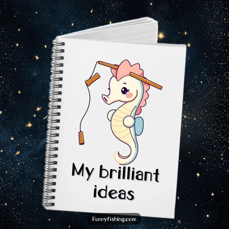 A funny seahorse using its head to balance a fishing rod, featured on the cover of a notebook, for all your writing needs.