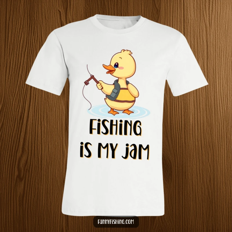 Funny duck fishing t-shirt with a duck in a vest enthusiastically casting its line into sparkling water, ready for action.