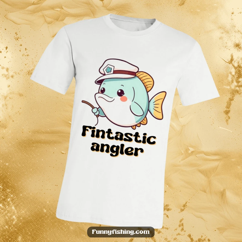 Funny t-shirt with a cheerful fish wearing a tiny sailor hat, casting a fishing line, conveying playful adventure and lighthearted humor.