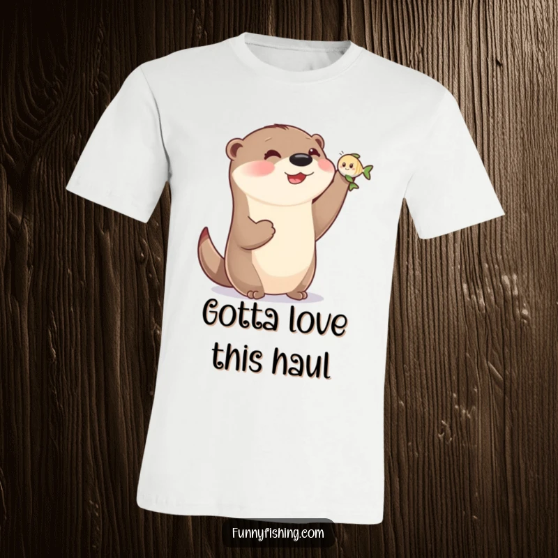 Funny otter t-shirt design featuring an otter with small paws proudly holding a tiny, smiling fish, radiating joy.