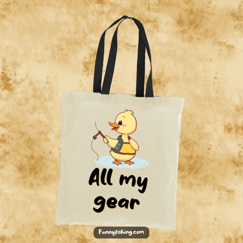 Funny duck angler tote bag showing a duck in a fishing vest enthusiastically casting its line into sparkling water, ready for errands.