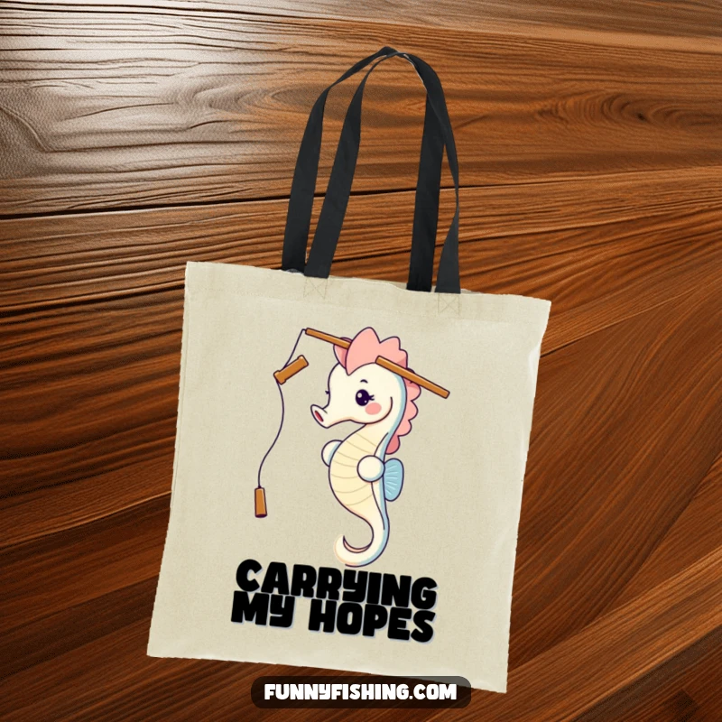 Funny seahorse with a fishing rod precariously balanced on its head, printed on a durable tote bag, ideal for stylish, humorous carrying.