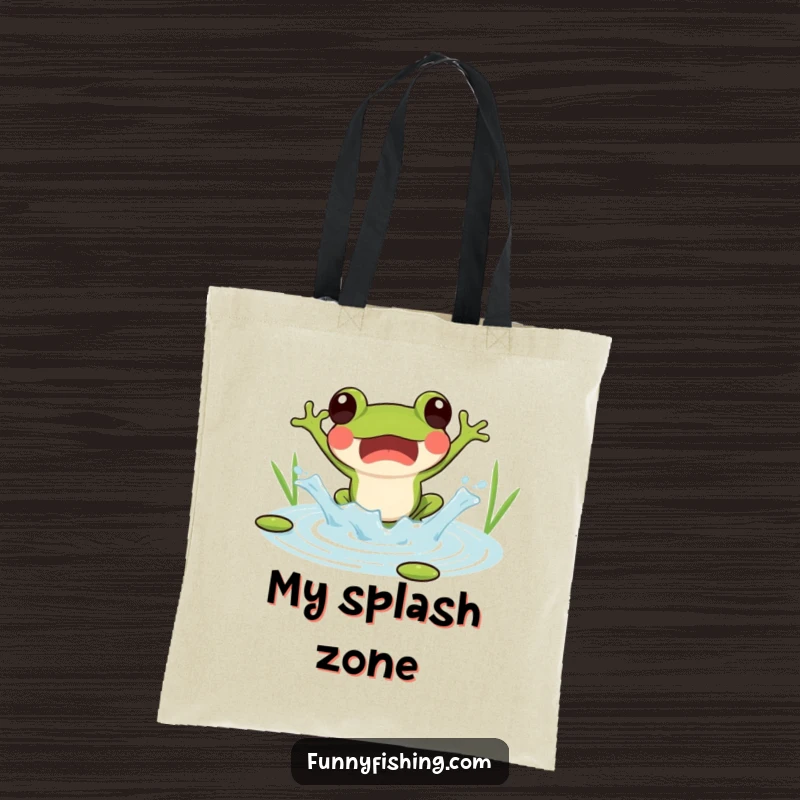 Funny tote bag with a surprised frog jumping into a pond, creating a joyful splash, stylish and fun.